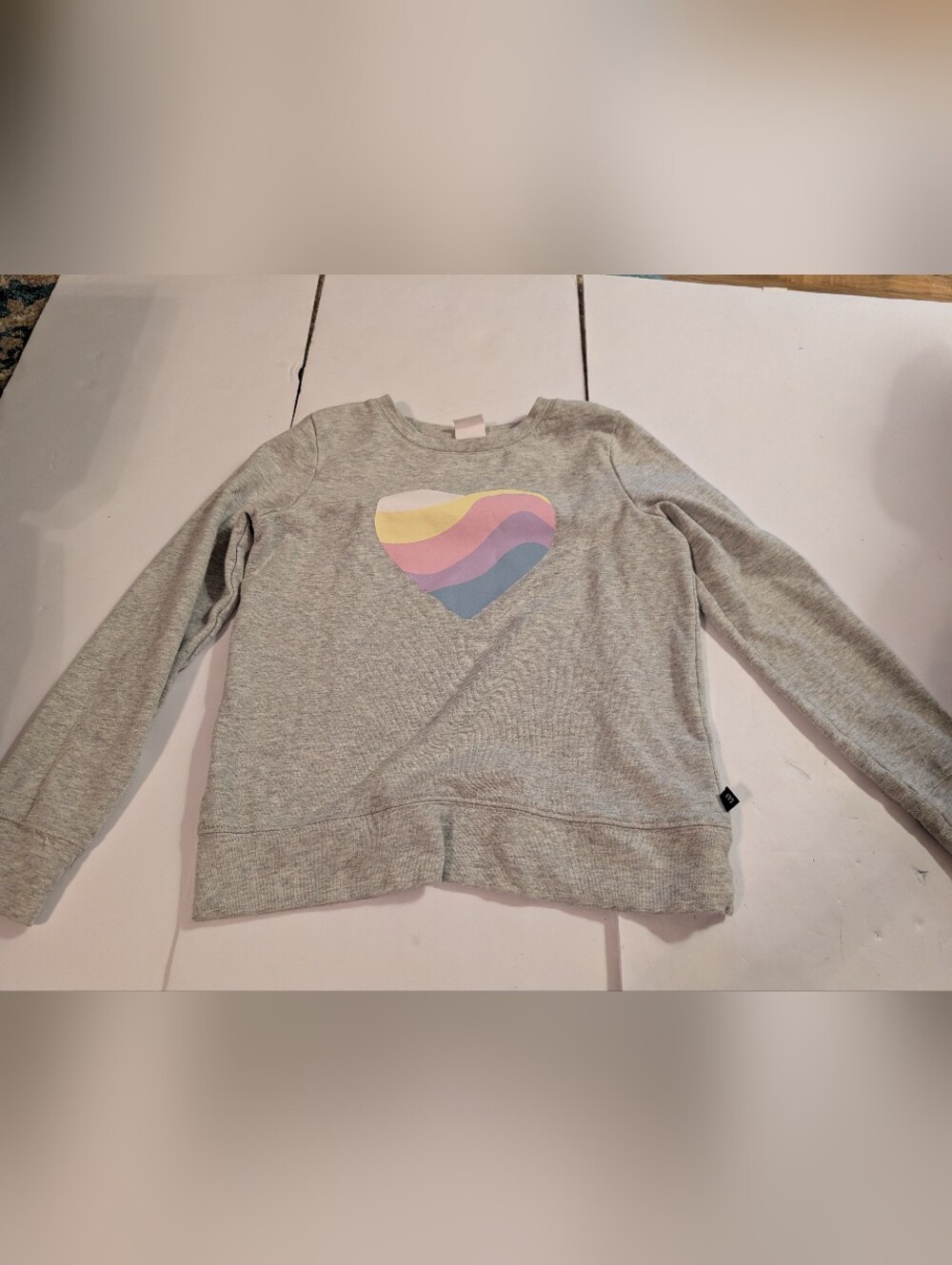 GAP Light Gray Sweatshirt with Pastel Heart Stripe Kids 10-12
